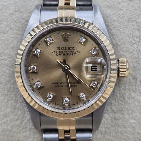 Rolex Datejust 26mm Champagne Diamond Dial NO HOLES Two Tone Jubilee Watch 69173