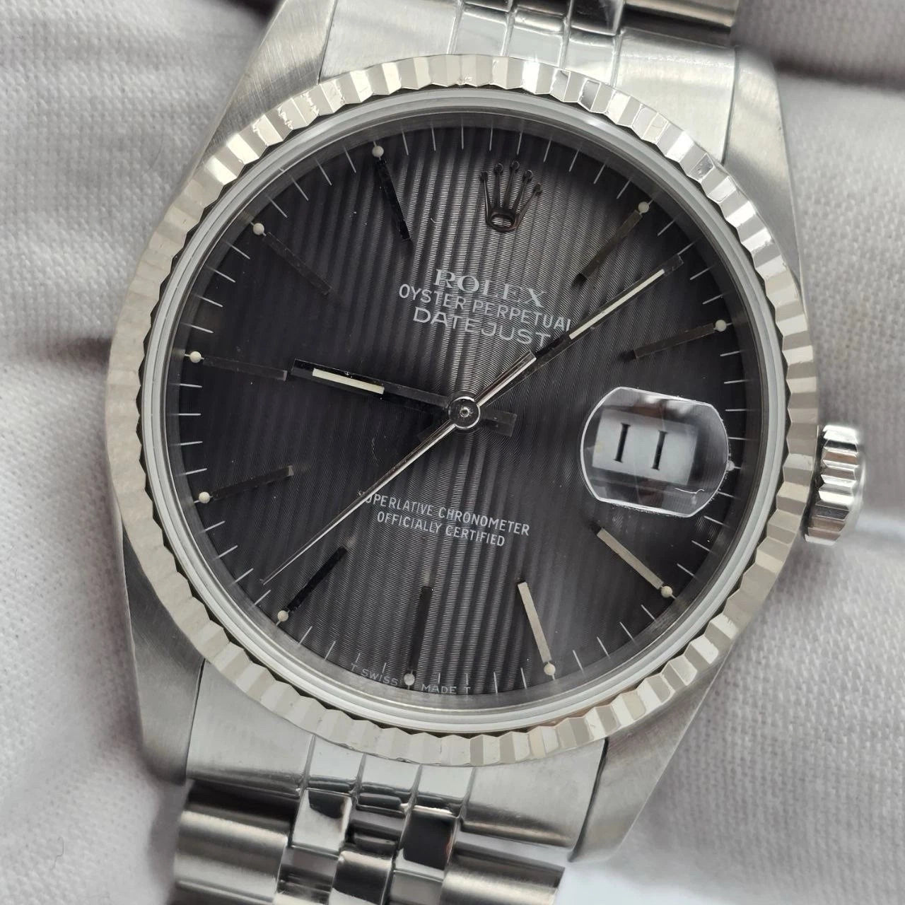 Rolex Datejust Gray Tapestry Dial Stainless Steel Jubilee 16234 36mm Watch