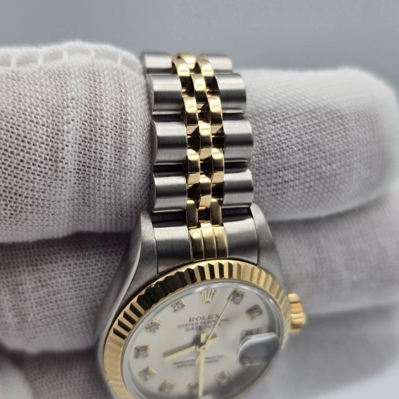 PAPERS Rolex Datejust Gold Steel Factory Rhodium Diamond Dial Jubilee 26mm 79173