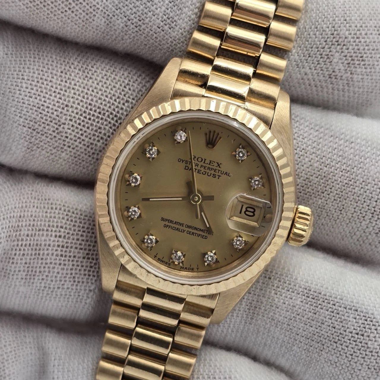 Rolex Ladies Datejust Gold President Factory Champagne Diamond Dial 26mm 69178