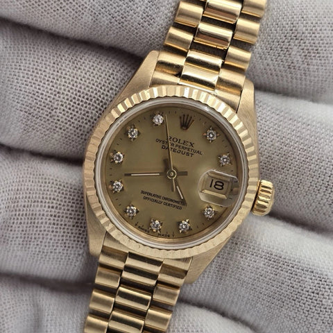 Rolex Ladies Datejust Gold President Factory Champagne Diamond Dial 26mm 69178