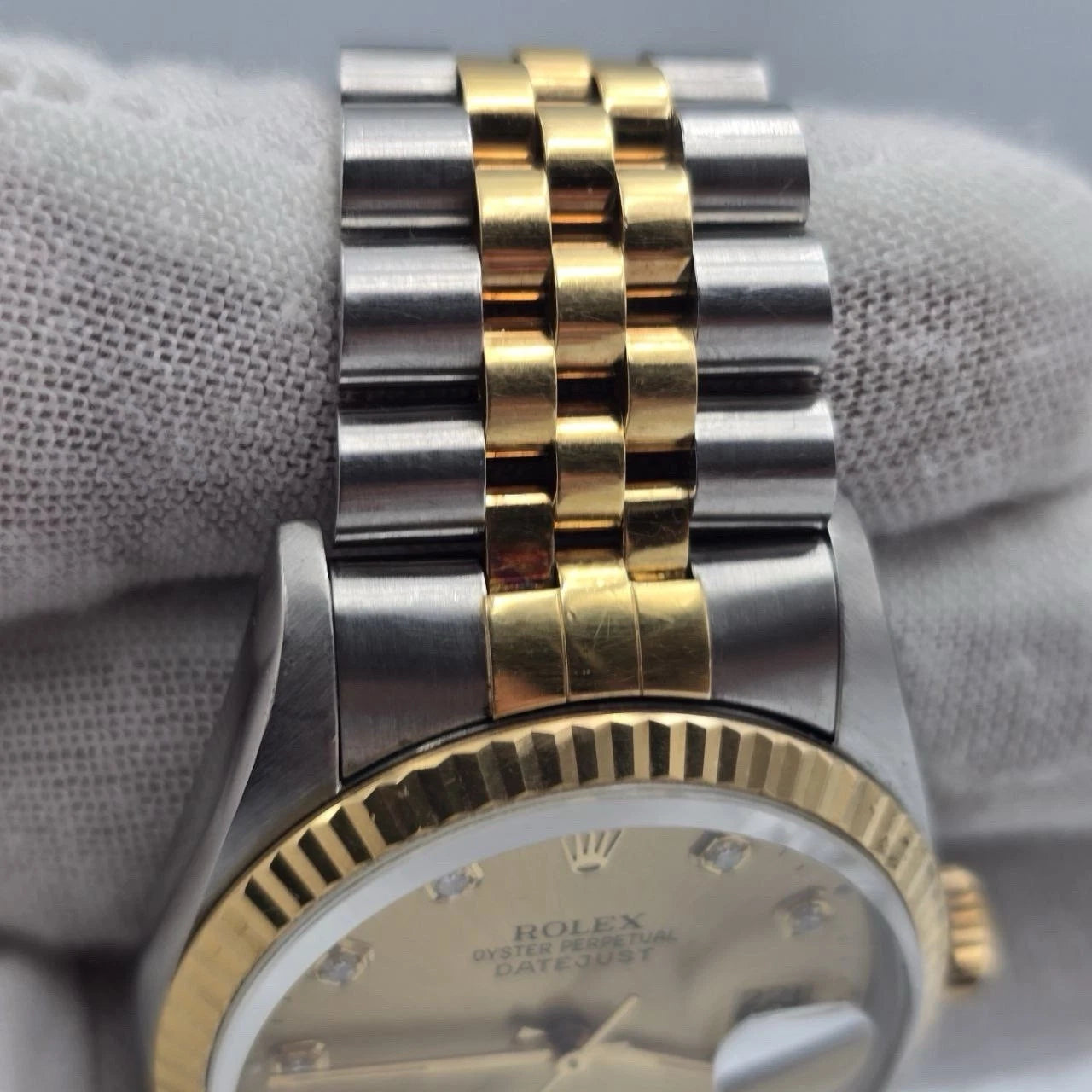 PAPERS Rolex DateJust 36mm NO-HOLES Champagne Diamond Dial TT 18K 16233 BOX