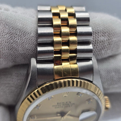 PAPERS Rolex DateJust 36mm NO-HOLES Champagne Diamond Dial TT 18K 16233 BOX