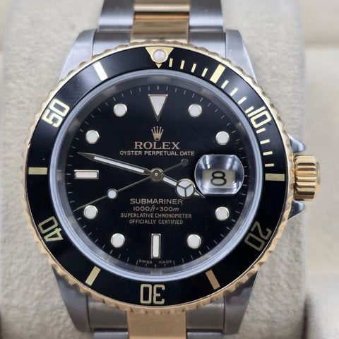 MINT 2006 PAPERS Rolex Submariner Date Two Tone Gold Black 40mm Watch 16613 BOX