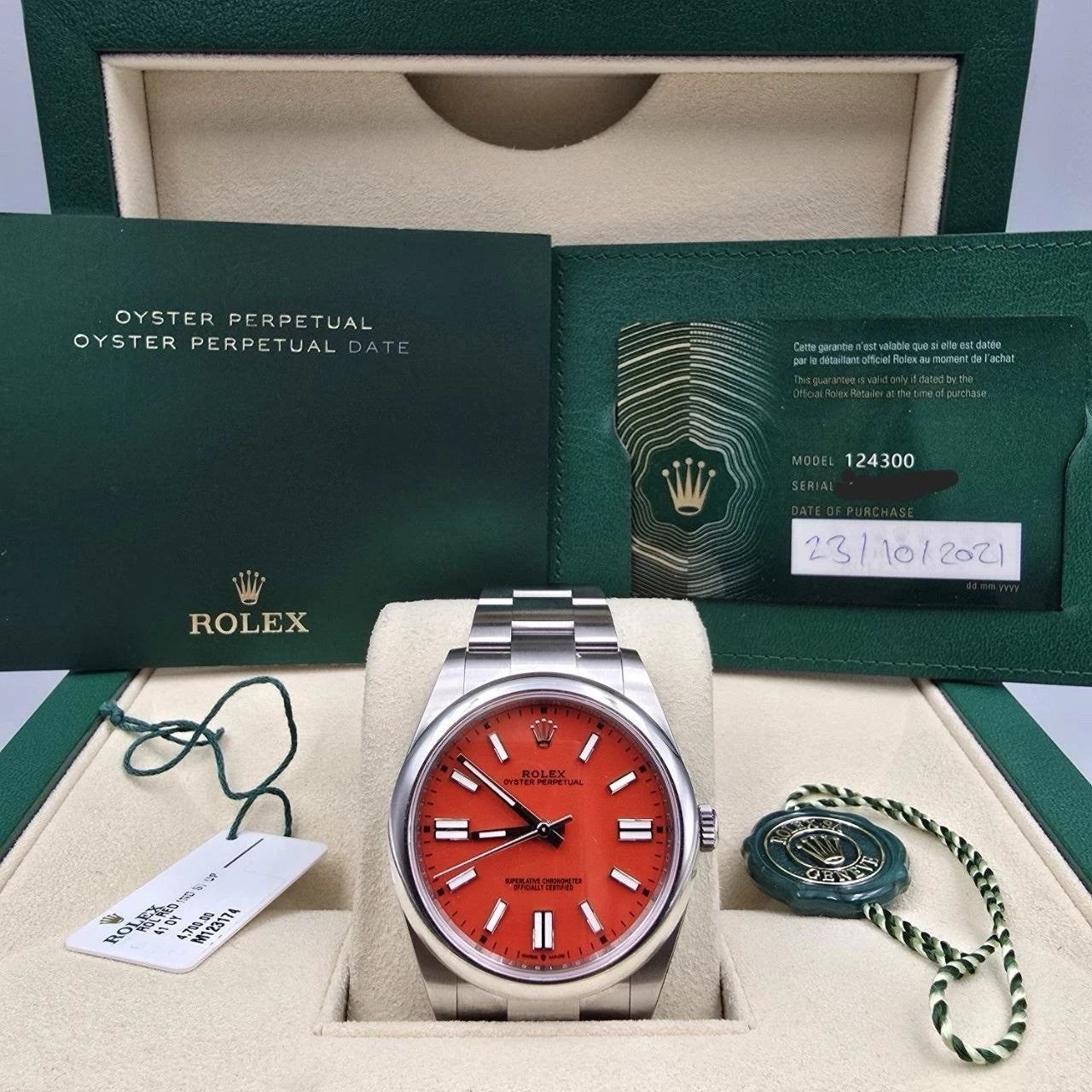2021 PAPERS Rolex Oyster Perpetual 41mm Coral Red Stainless Steel 124300 BOX