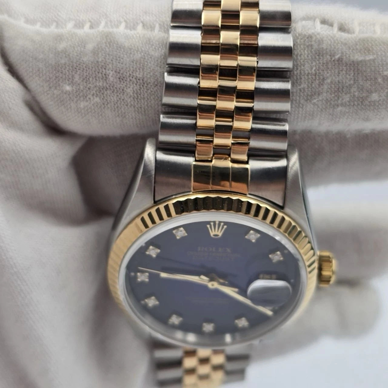 PAPERS Rolex Datejust 36mm Blue Vignette Diamond Dial 18K Gold Jubilee 16233
