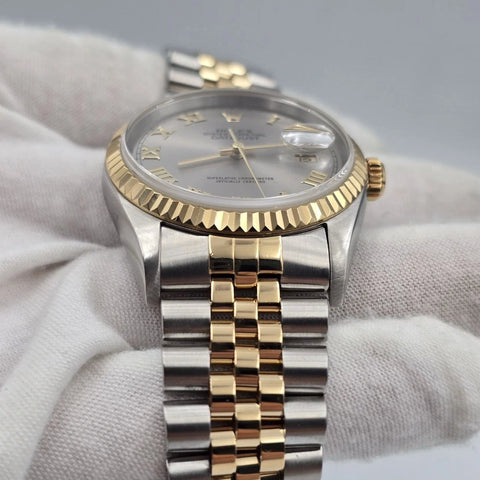 Rolex Datejust 36mm FACTORY Grey Roman Dial 18K Yellow Gold Jubilee 16233