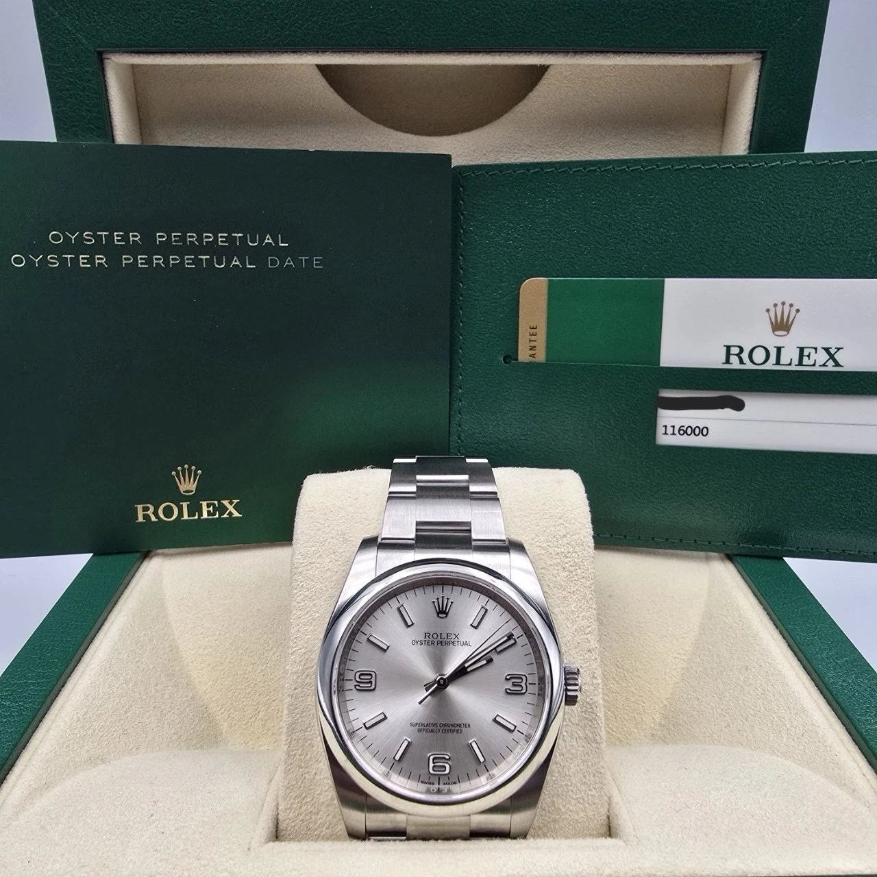 2015 PAPERS Rolex Oyster Perpetual Silver Stick Dial Steel 36mm 116000 BOX