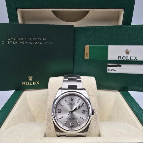 2015 PAPERS Rolex Oyster Perpetual Silver Stick Dial Steel 36mm 116000 BOX