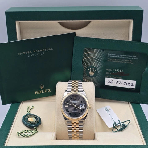 2022 PAPERS Rolex Datejust 36mm Wimbledon Yellow Gold Fluted Jubilee 126233 BOX