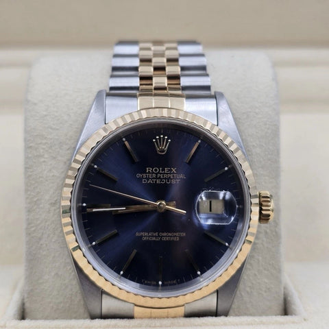 Rolex Datejust 36mm Blue Stick Dial Two Tone 18K Yellow Gold Jubilee 16233