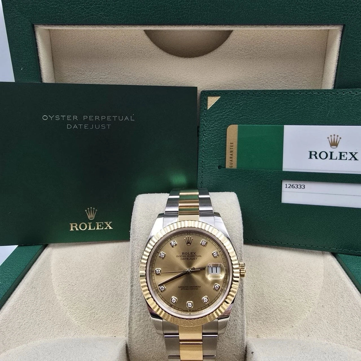 2020 PAPERS Rolex Datejust 41mm Champagne Diamond Dial Oyster 126333 BOX