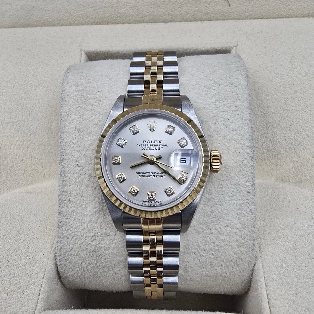 PAPERS Rolex Datejust Gold Steel Factory Rhodium Diamond Dial Jubilee 26mm 79173