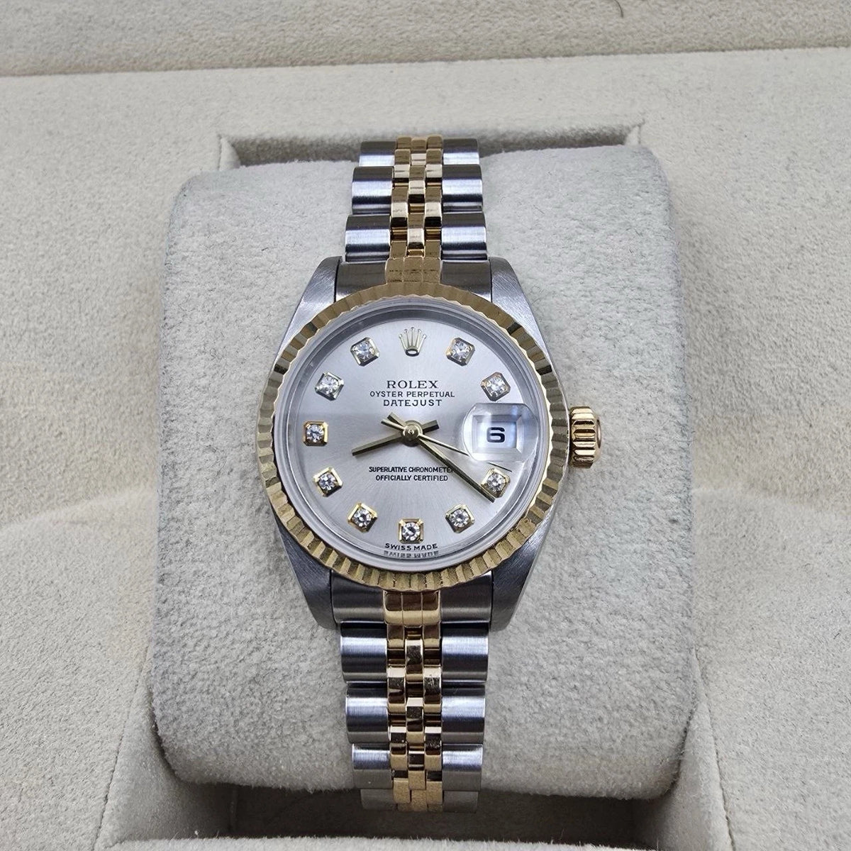 PAPERS Rolex Datejust Gold Steel Factory Rhodium Diamond Dial Jubilee 26mm 79173
