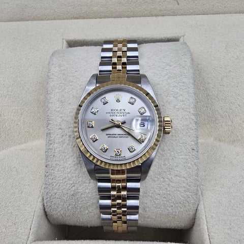 PAPERS Rolex Datejust Gold Steel Factory Rhodium Diamond Dial Jubilee 26mm 79173