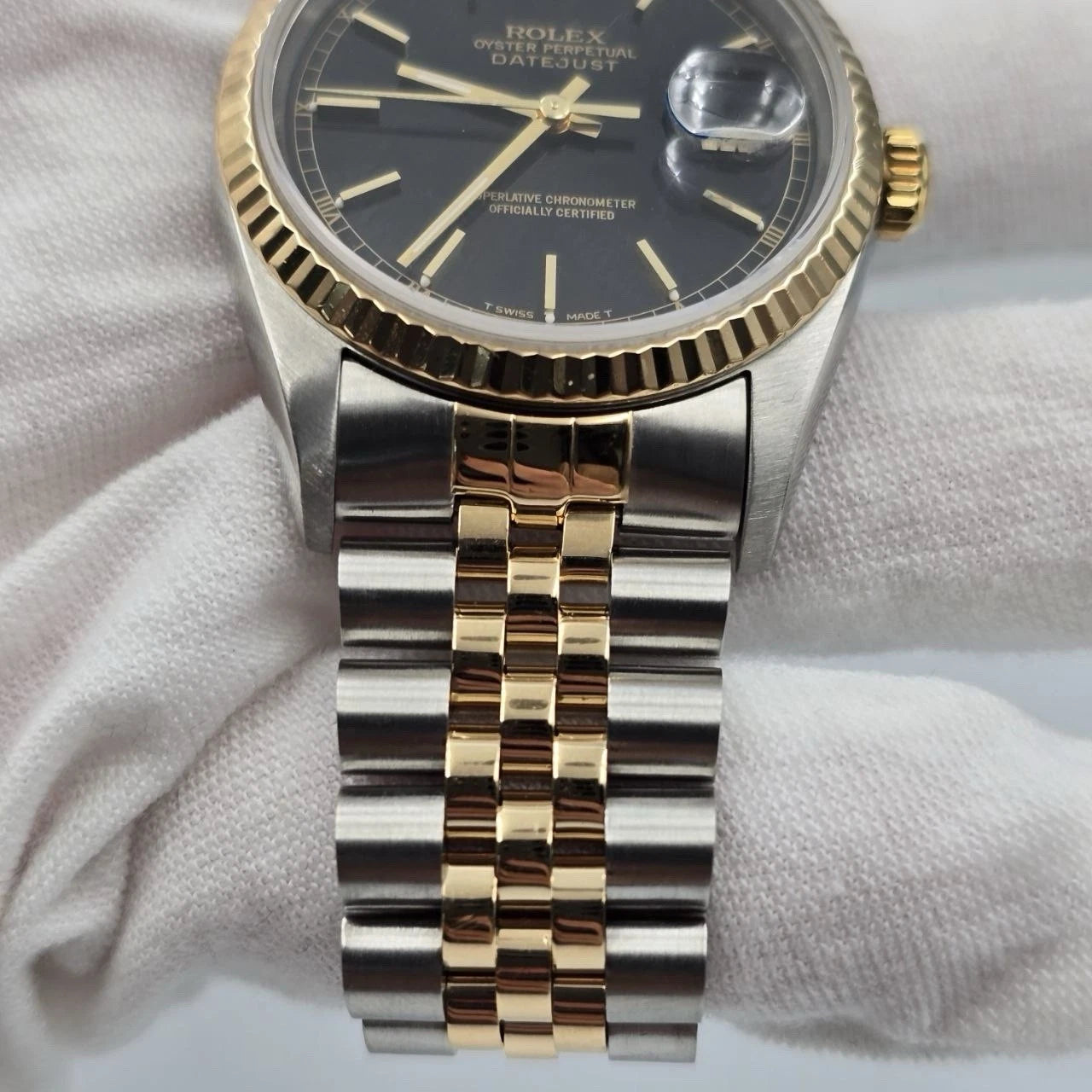 Rolex Datejust 36mm Black Stick Roman Two Tone 18K Yellow Gold Jubilee 16233