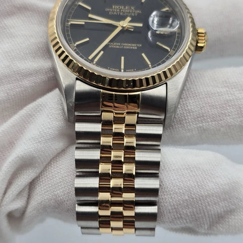 Rolex Datejust 36mm Black Stick Roman Two Tone 18K Yellow Gold Jubilee 16233