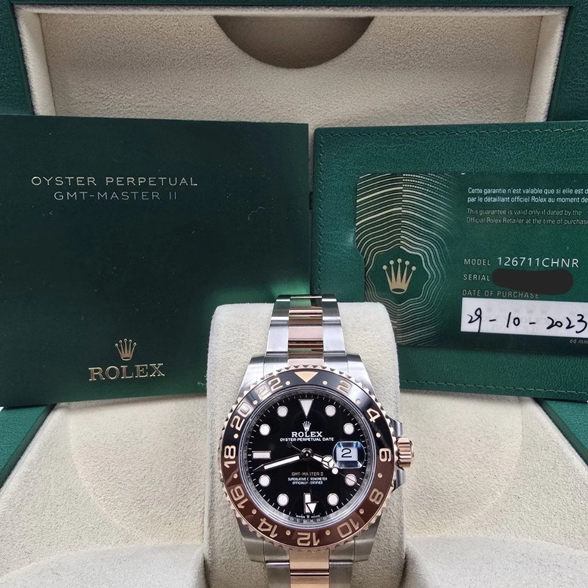 PAPERS 2023 Rolex GMT-Master II Rootbeer 40mm 126711CHNR Two-Tone Rose Gold BOX
