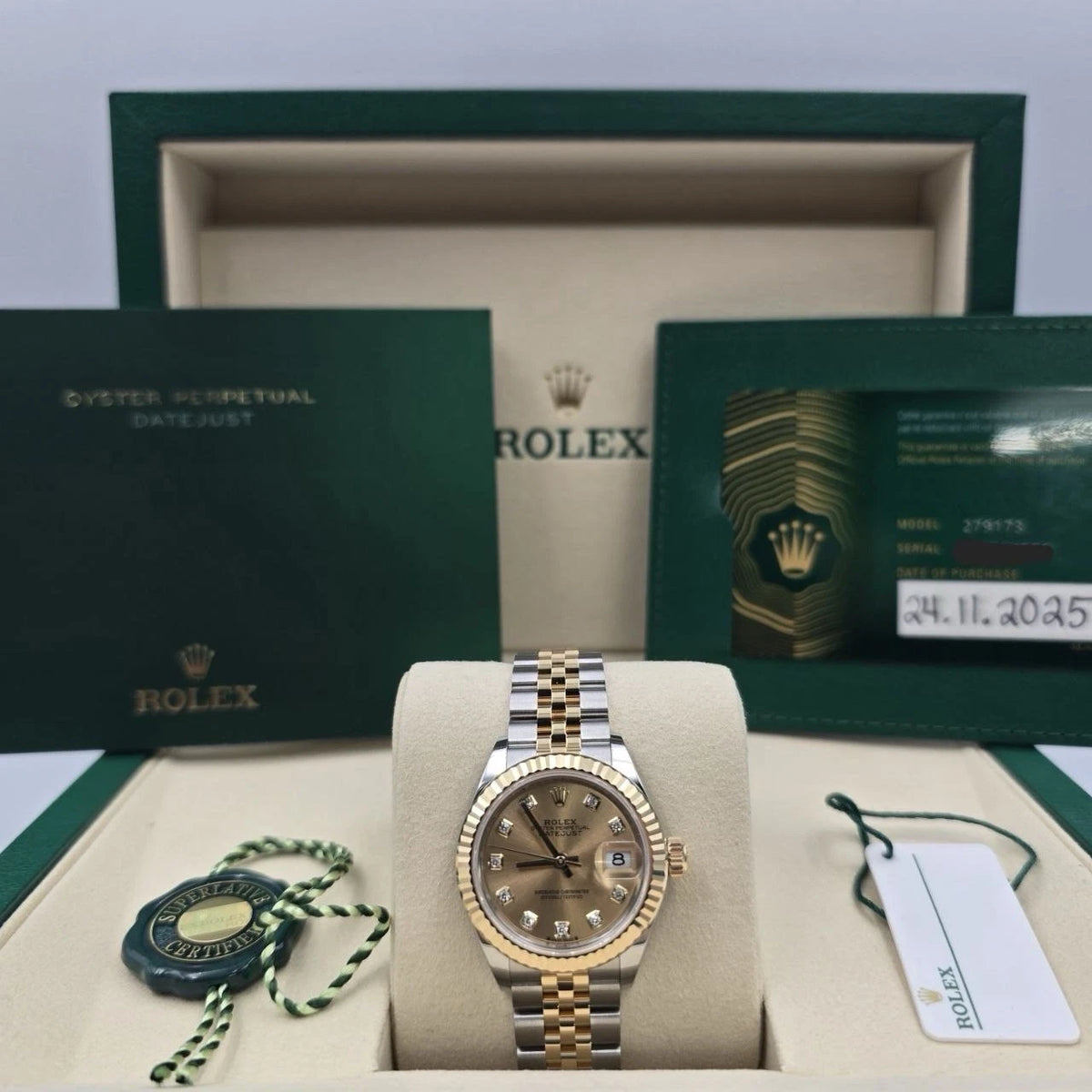 NEW 2025 Rolex Lady Datejust 28mm Champagne Diamond Dial 279173 Hidden Clasp