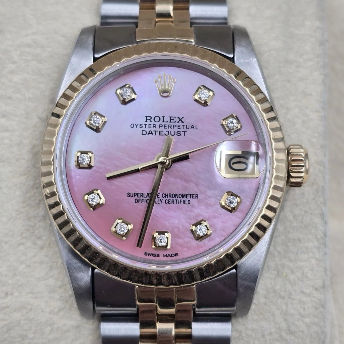Rolex Datejust Ladies 31mm 18k Two Tone 68273 Pink MOP Diamond Dial Watch