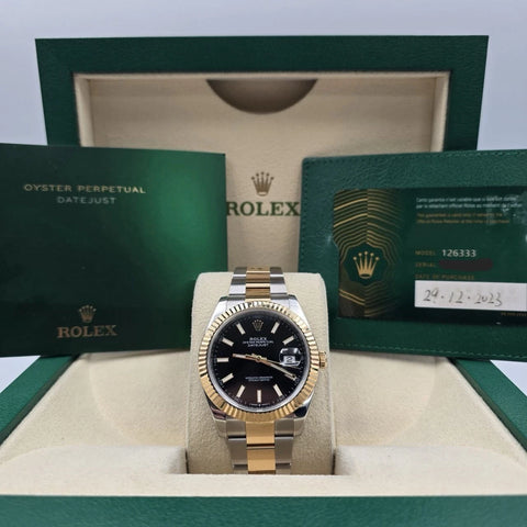 PAPERS 2023 Rolex Datejust 41mm Two Tone Black Dial Oyster 126333 BOX