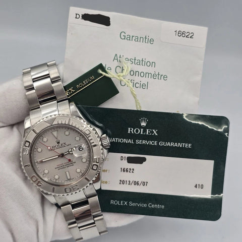 2005 PAPERS Rolex Yacht-Master 40mm 16622 Platinum Dial & Bezel Steel Watch