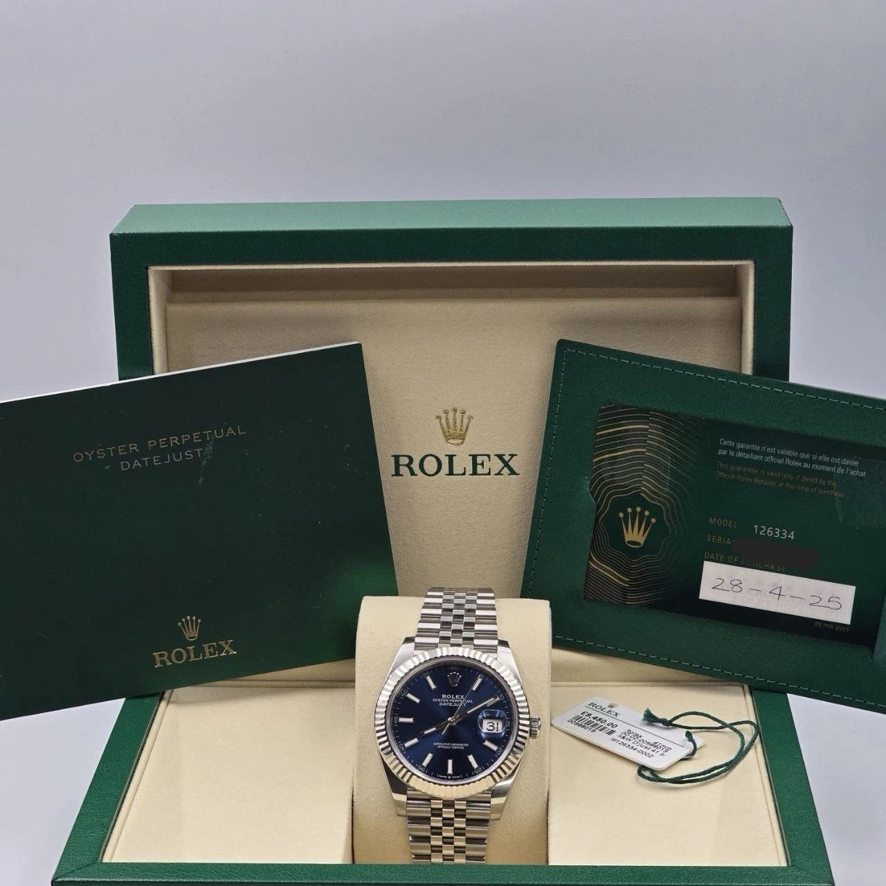 PAPERS 2025 Rolex Datejust 41mm 126334 Blue Stick Dial Fluted Bezel Jubilee BOX
