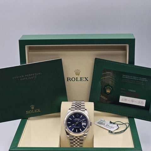 PAPERS 2025 Rolex Datejust 41mm 126334 Blue Stick Dial Fluted Bezel Jubilee BOX