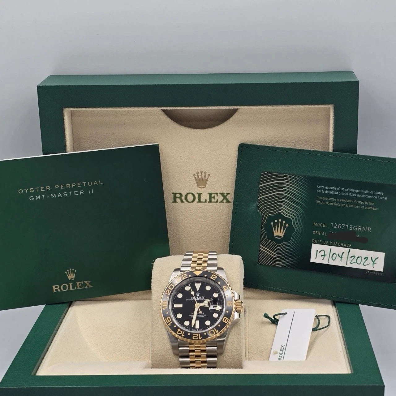 PAPERS 2024 Rolex GMT Master II 126713GRNR Two Tone Bumblebee Jubilee Watch BOX