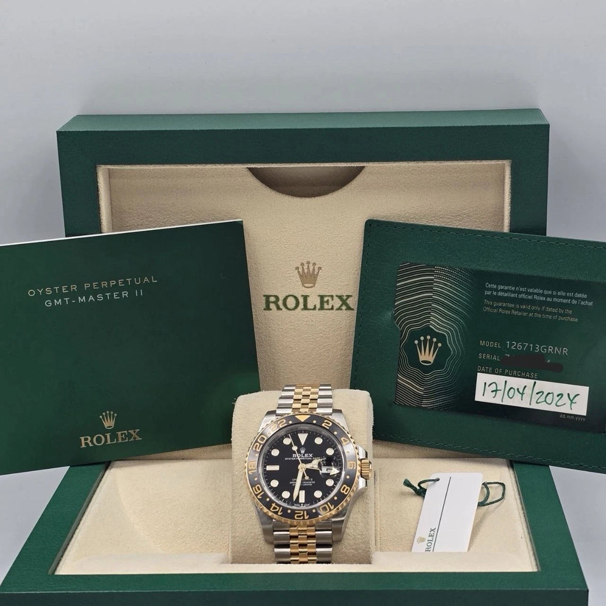 PAPERS 2024 Rolex GMT Master II 126713GRNR Two Tone Bumblebee Jubilee Watch BOX