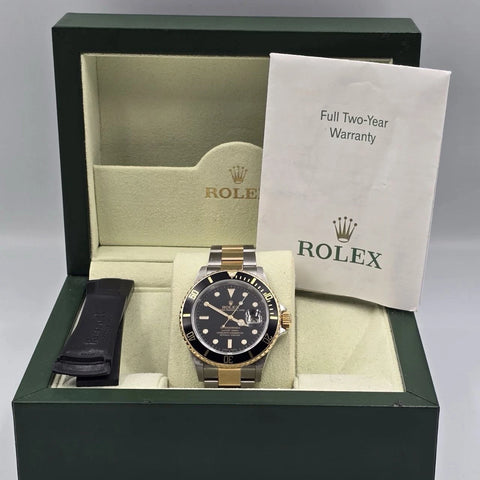 MINT 2006 PAPERS Rolex Submariner Date Two Tone Gold Black 40mm Watch 16613 BOX