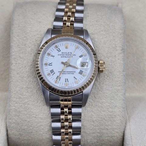 Rolex Lady Datejust 26mm Two Tone White Roman Dial Jubilee NO HOLES 69173