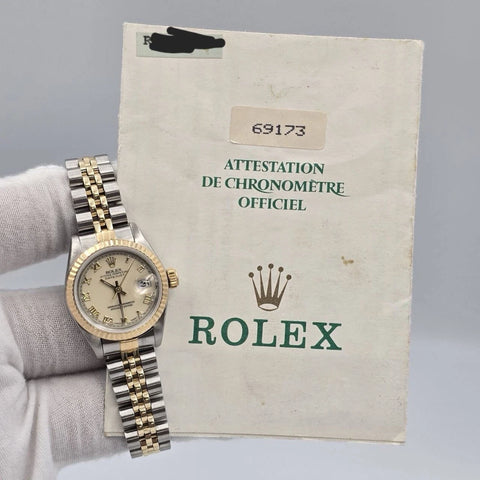 PAPERS Rolex Datejust 26mm 69173 Two Tone Jubilee Cream Roman Dial Watch