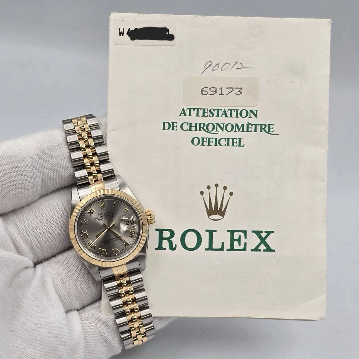PAPERS Rolex MINT Two Tone Lady-Datejust 69173 Grey Roman Dial Jubilee Bracelet