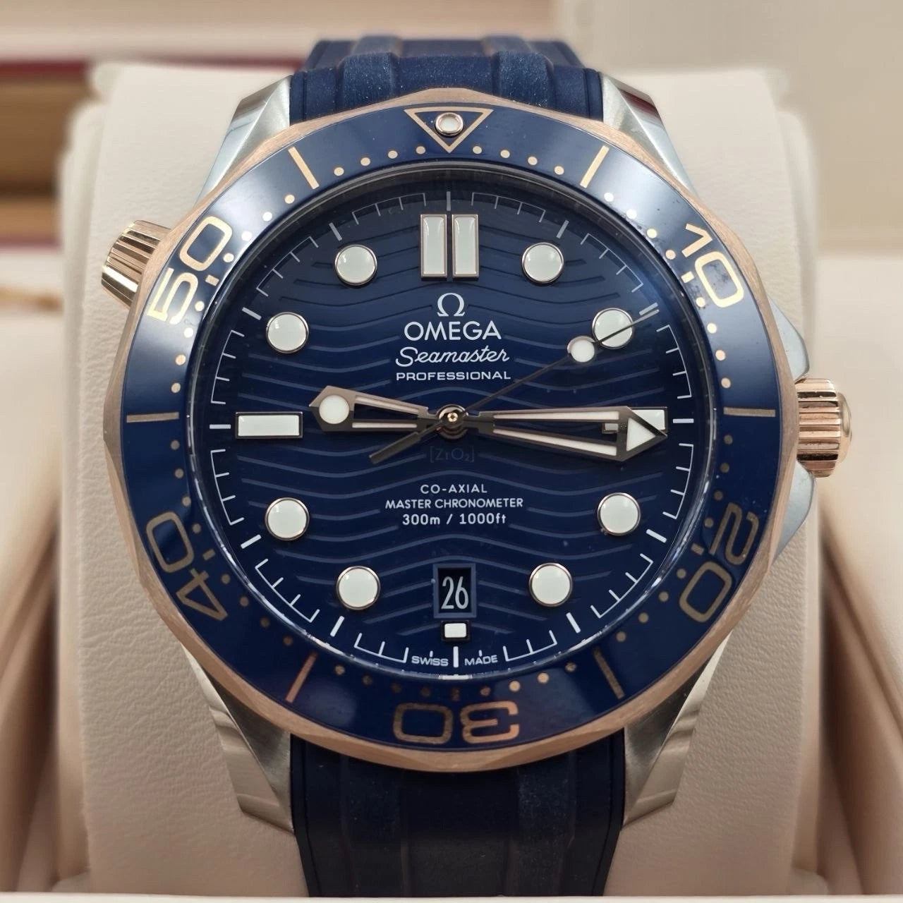 NEW 2023 Omega Seamaster Diver 300M Sedna Gold Blue Dial 210.22.42.20.03.002