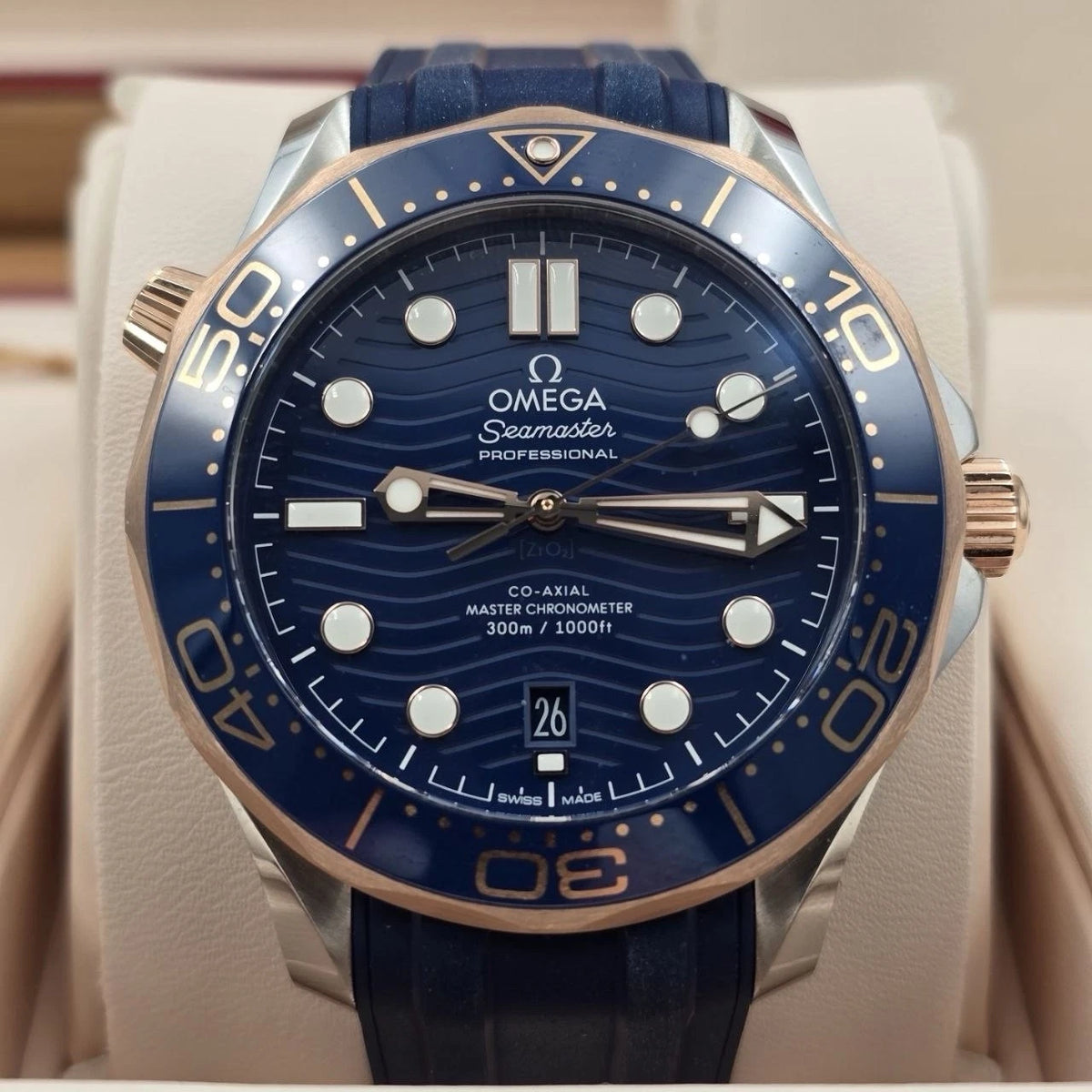 NEW 2023 Omega Seamaster Diver 300M Sedna Gold Blue Dial 210.22.42.20.03.002