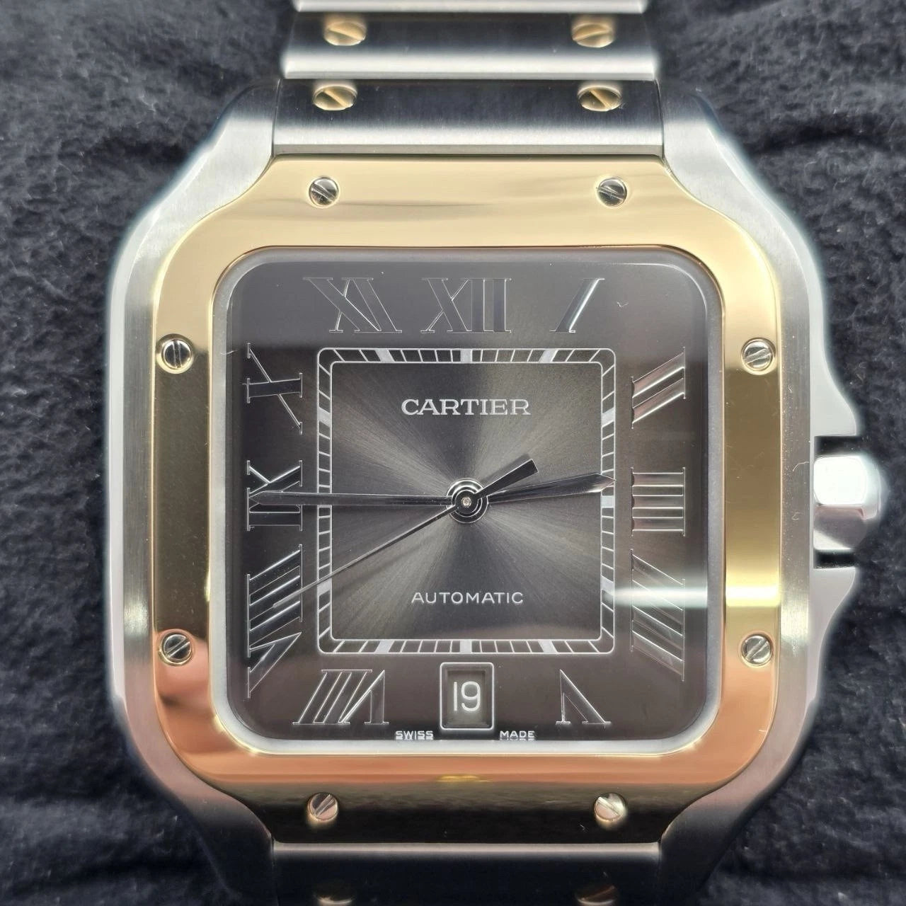 2025 Cartier Santos De Cartier Anthracite Grey Dial Men's Gold Bezel W2SA0030