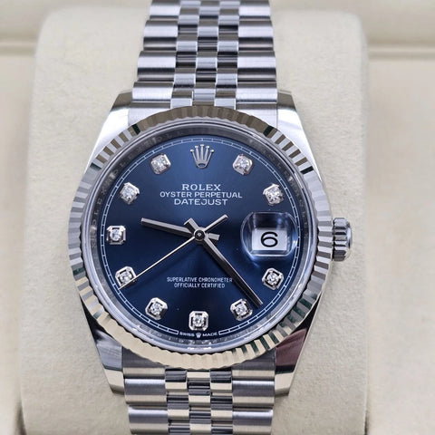 NEW 2025 Rolex Datejust 36mm Blue Diamond Dial Fluted Jubilee 126234 UNWORN
