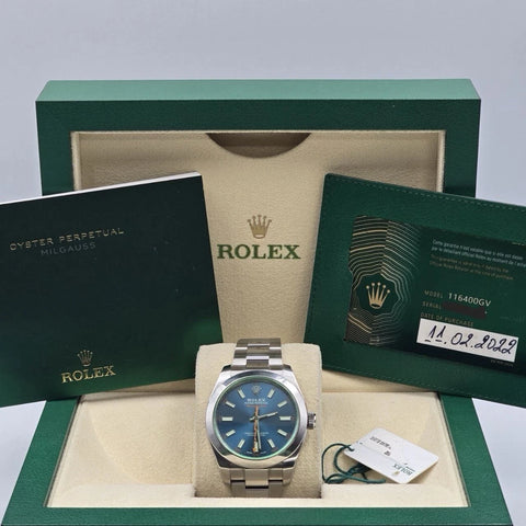 PAPERS 2022 Rolex Milgauss 40mm Steel Blue Dial Green Crystal 116400GV BOX