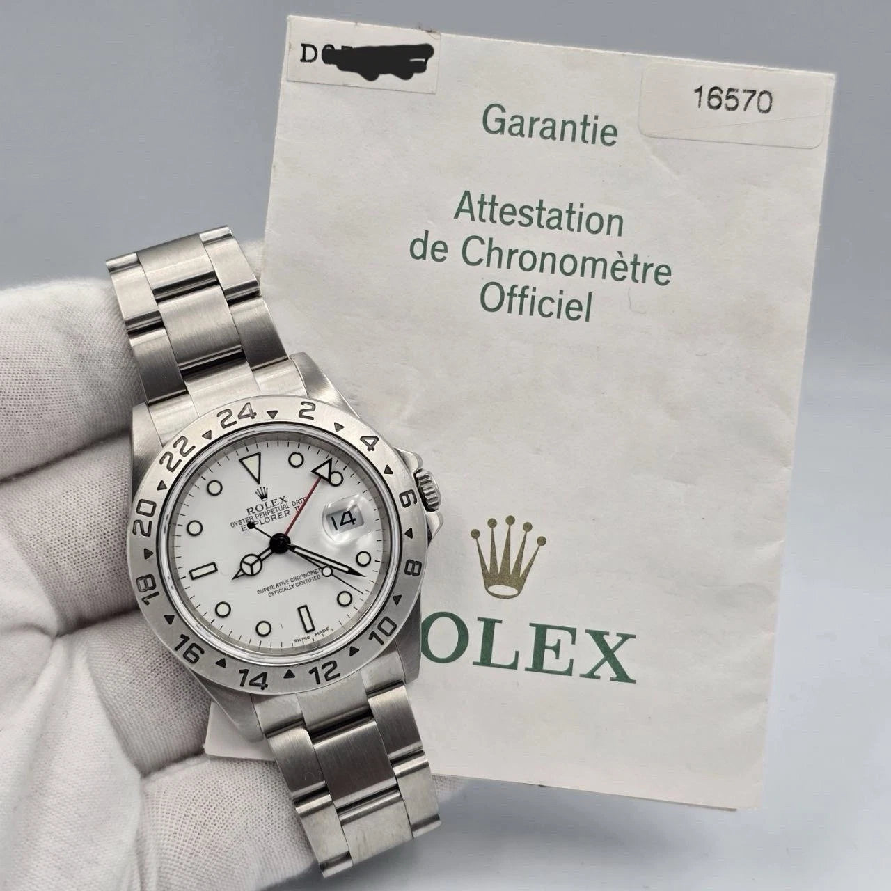 PAPERS MINT 2005 Rolex 16570 Explorer II White Steel NO HOLES 40mm Watch