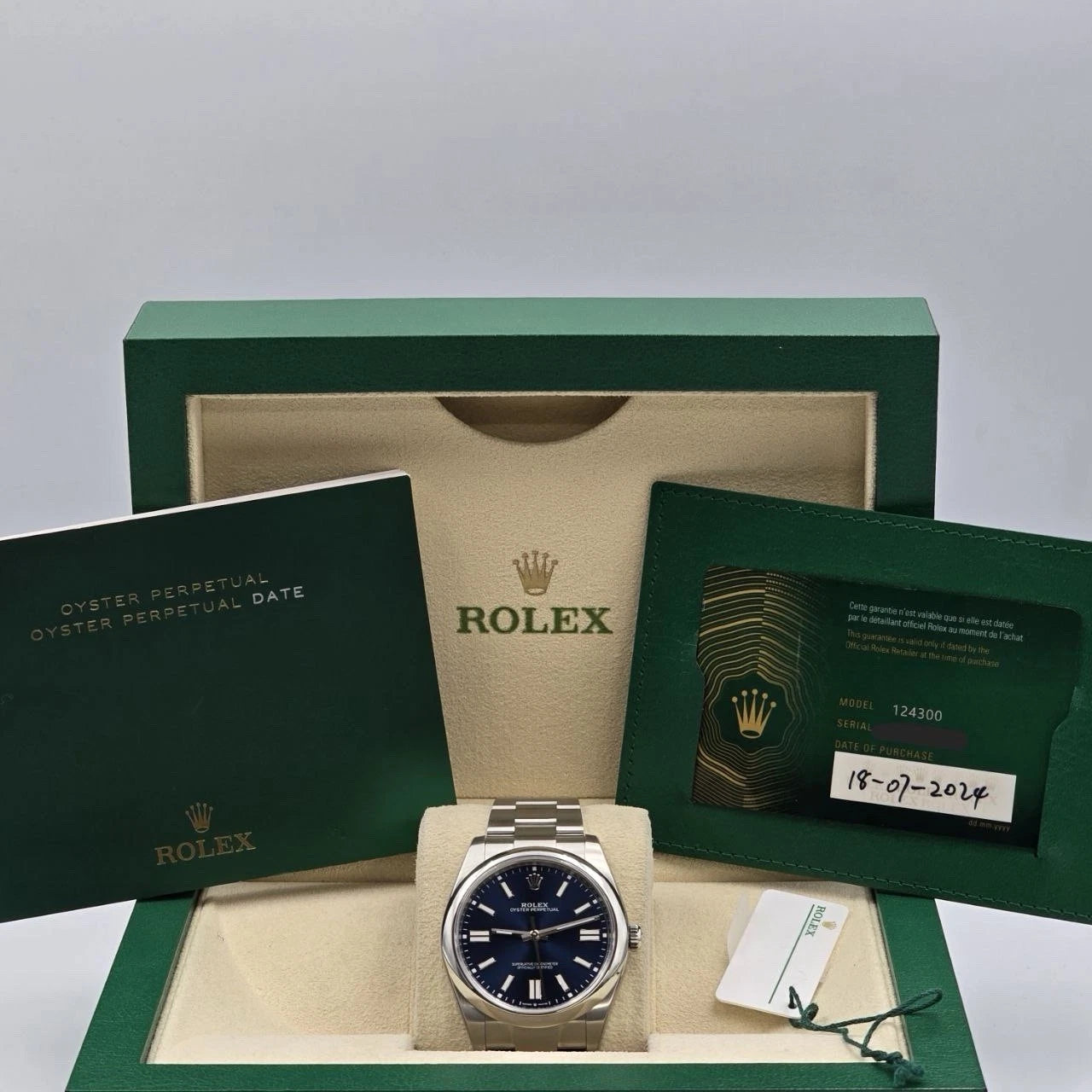 2024 PAPERS Rolex Blue Oyster Perpetual Smooth Bezel Steel 41mm Watch BOX 124300