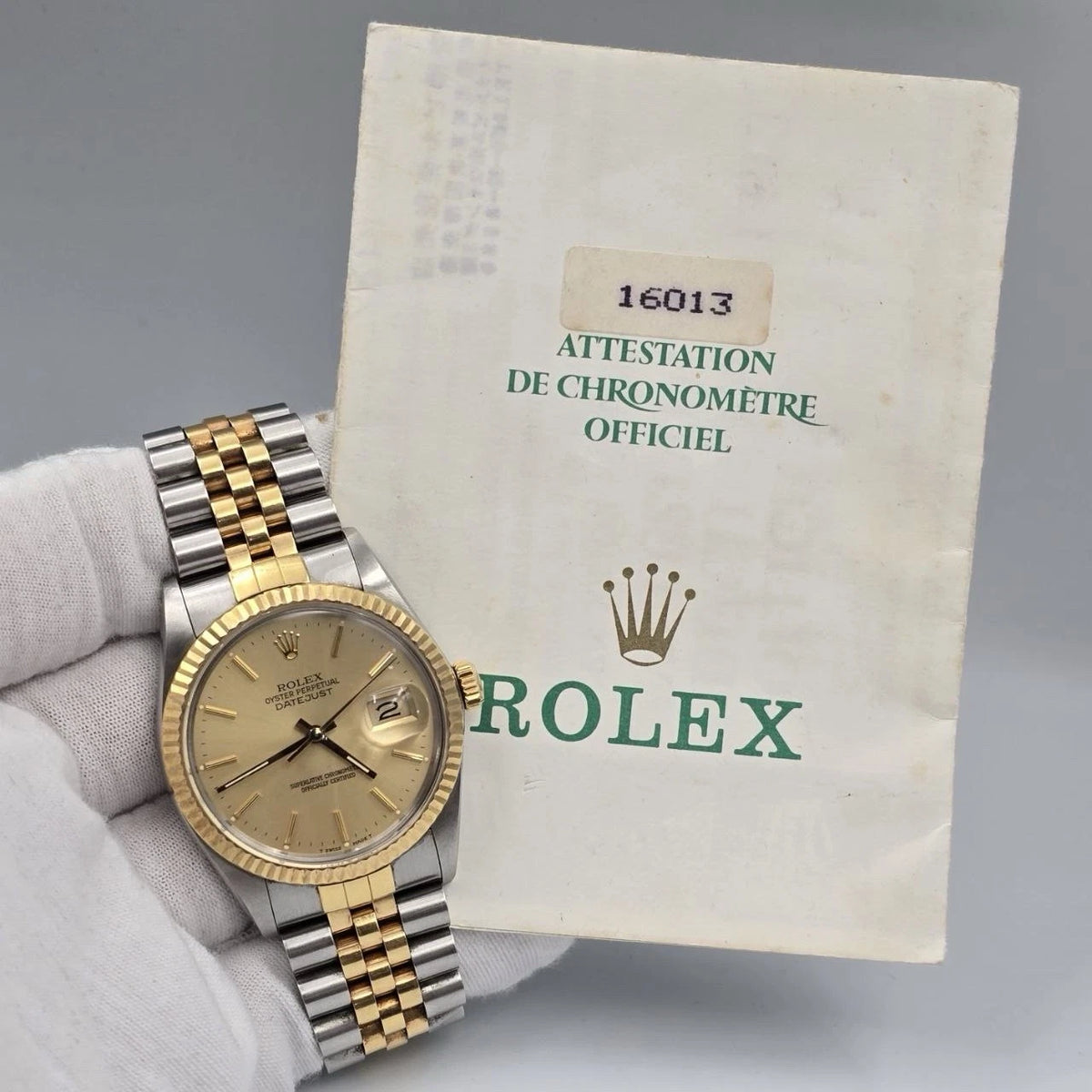 PAPERS Rolex Datejust Champagne Two-Tone Yellow Gold Jubilee 16013 36mm Watch