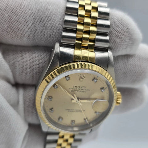 Rolex Datejust 36mm Champagne Diamond Dial 18K Yellow Gold Two Tone Watch 16233