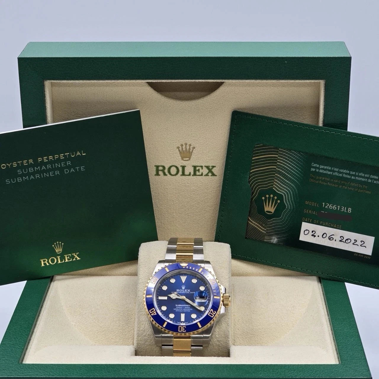 PAPERS 2022 Rolex Submariner Blue Dial Two Tone Gold 41mm Watch 126613LB BOX