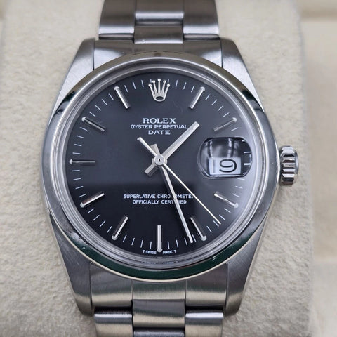 MINT Rolex Oyster Perpetual Date Black Dial Stainless Steel 1500 34mm Watch