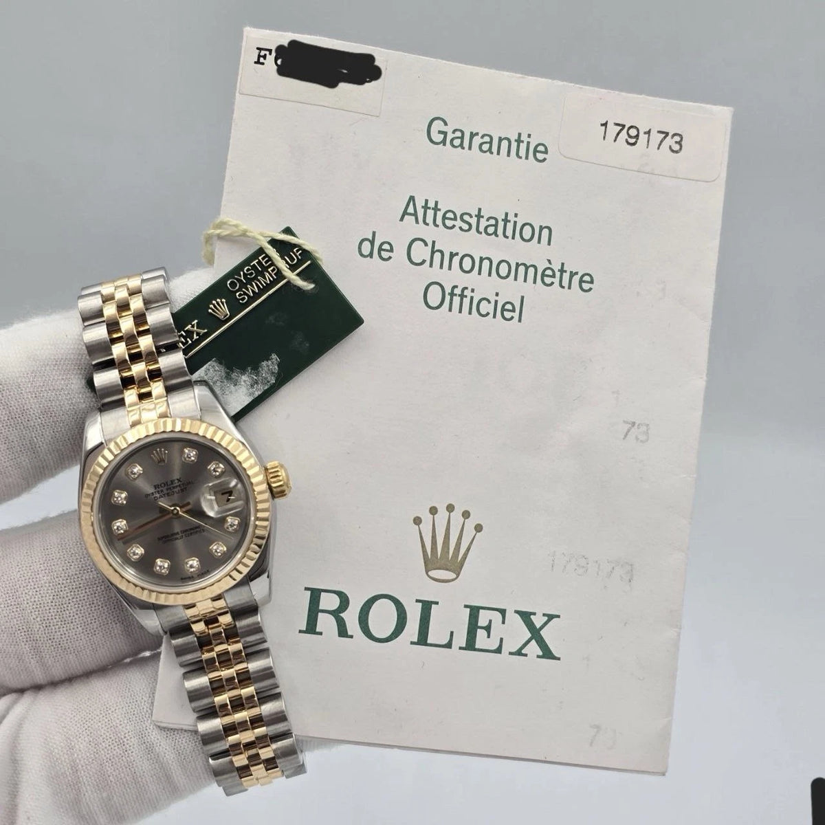 PAPERS MINT Rolex Datejust 18k Two Tone Gray Diamond Dial 26mm Watch 179173