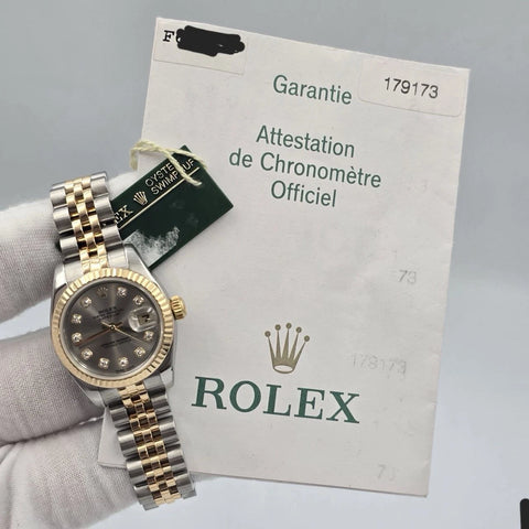 PAPERS MINT Rolex Datejust 18k Two Tone Gray Diamond Dial 26mm Watch 179173