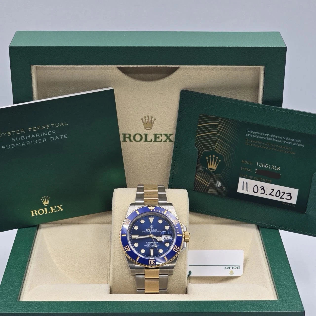 PAPERS 2023 Rolex Submariner Blue Dial Two Tone Gold 41mm Watch 126613LB BOX
