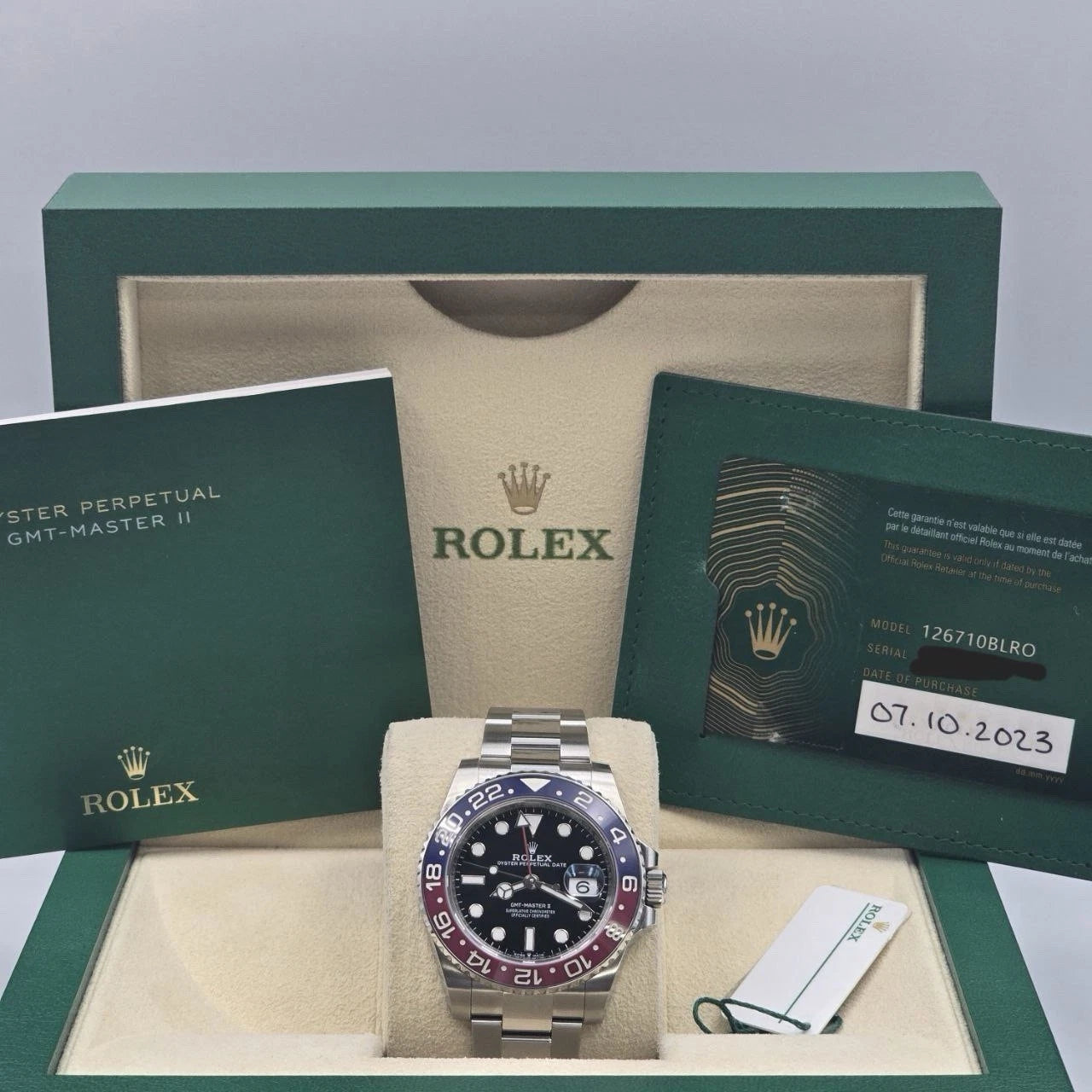PAPERS 2023 Rolex GMT Master Pepsi Red Blue Oyster Ceramic 126710BLRO Watch BOX