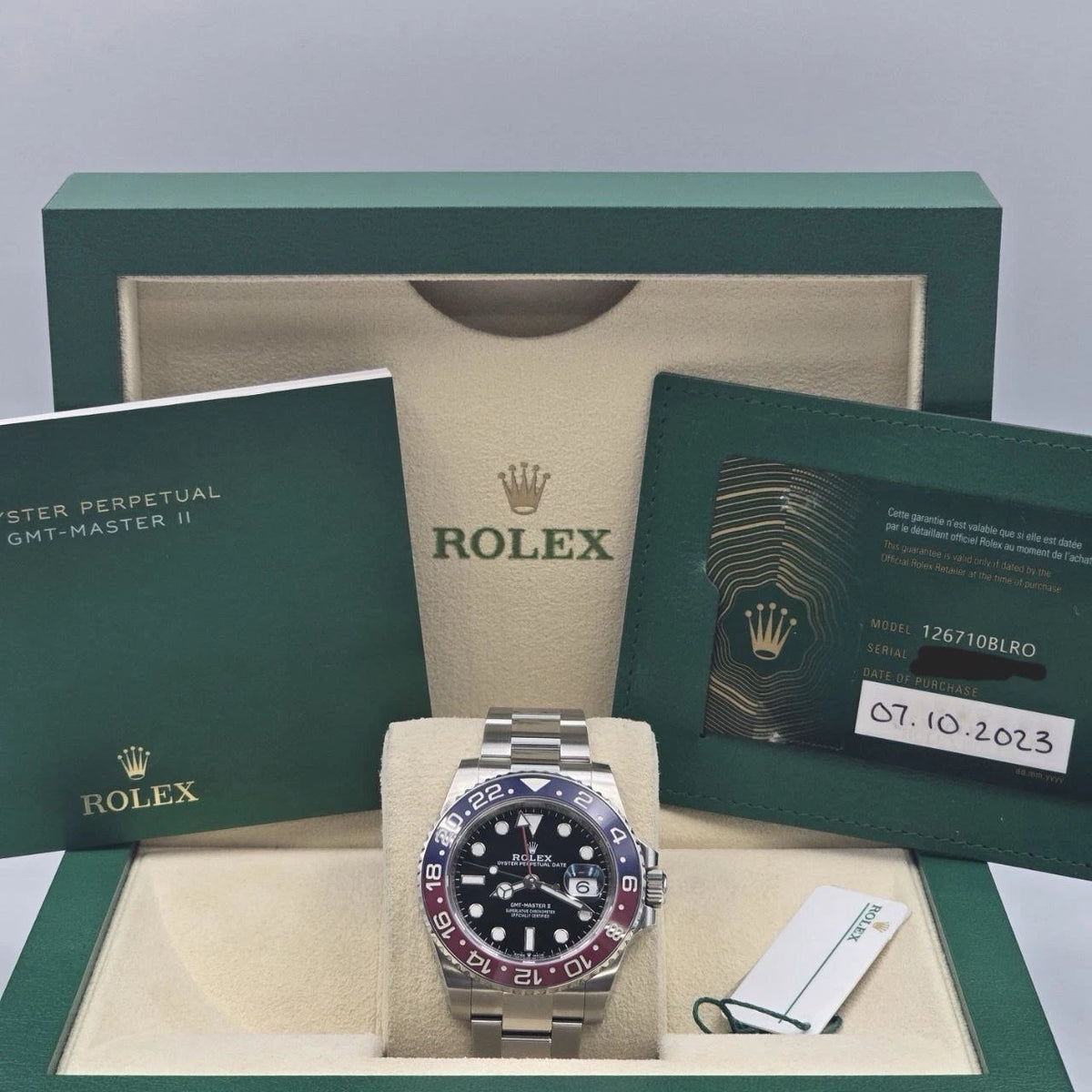 PAPERS 2023 Rolex GMT Master Pepsi Red Blue Oyster Ceramic 126710BLRO Watch BOX